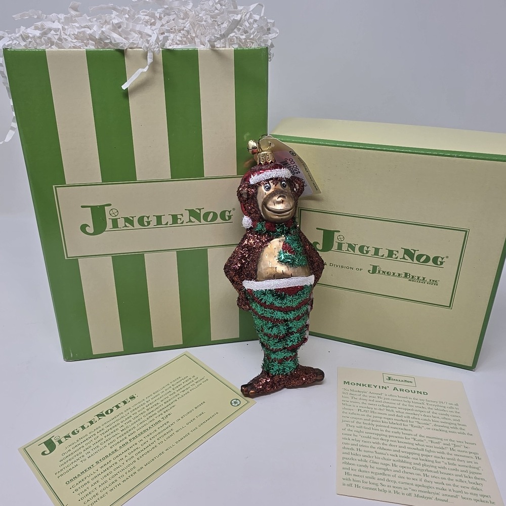 NIB JingleNog Monkeyin' Around Ornament #80076 Hand Blown & Painted in Poland